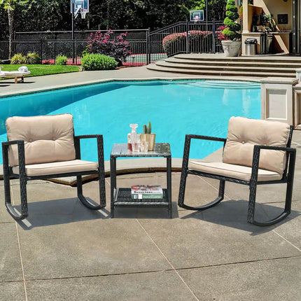 3 Pieces Wicker Rocking Bistro Set with Glass Coffee Table and Storage Shelf-Beige - Beige - Patio Conversation Sets