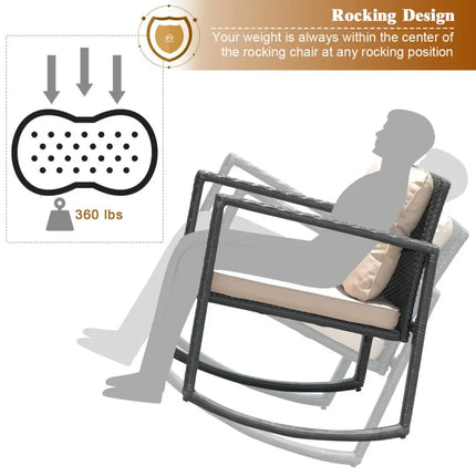 3 Pieces Wicker Rocking Bistro Set with Glass Coffee Table and Storage Shelf-Beige - Beige - Patio Conversation Sets
