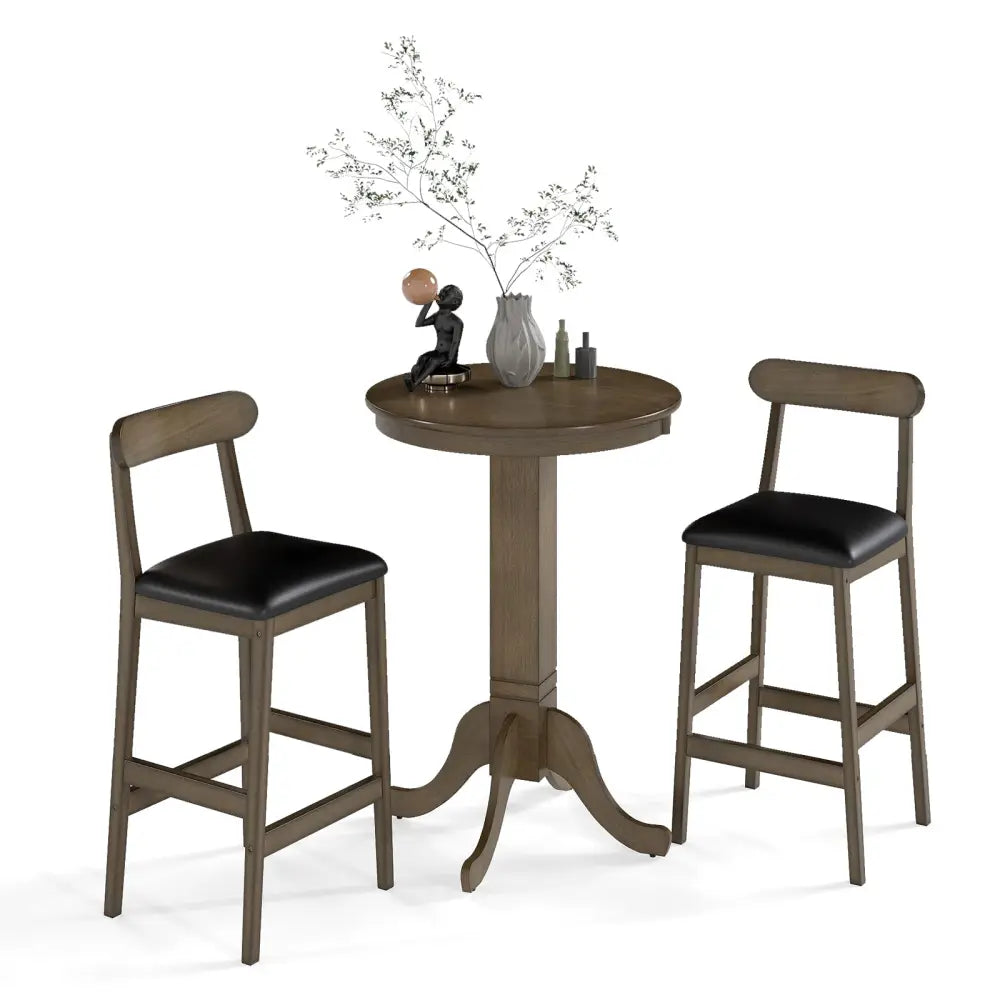 3 Pieces Wood Bar Table Set for 2 Round Pub Table with Pedestal Base and 2 Armless Stools - Black & Gray - Dining Room