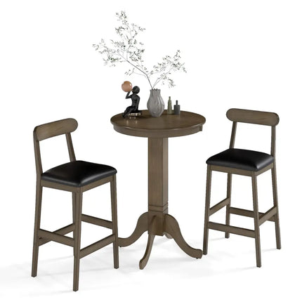 3 Pieces Wood Bar Table Set for 2 Round Pub Table with Pedestal Base and 2 Armless Stools Costway