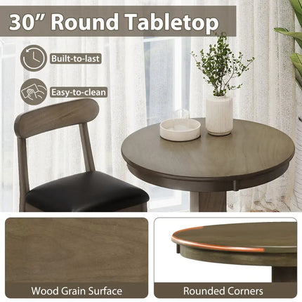 3 Pieces Wood Bar Table Set for 2 Round Pub Table with Pedestal Base and 2 Armless Stools Costway