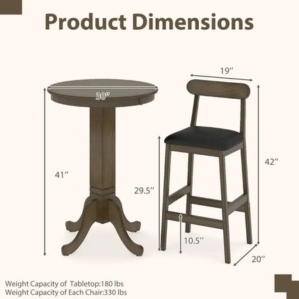 3 Pieces Wood Bar Table Set for 2 Round Pub Table with Pedestal Base and 2 Armless Stools Costway