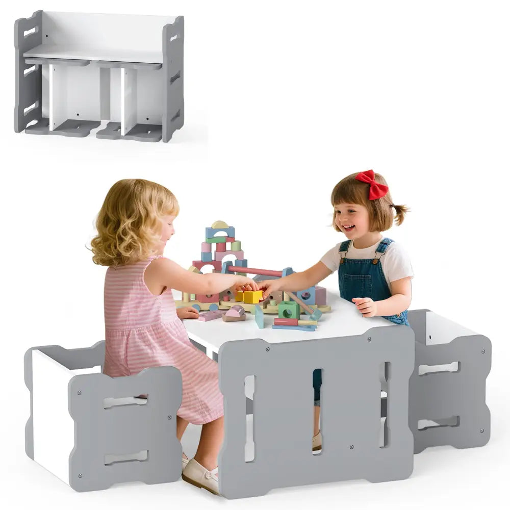3-Piese Toddler Set with 2 Stools and Activity Table-Gray - Gray - Kids Table & Chair Sets