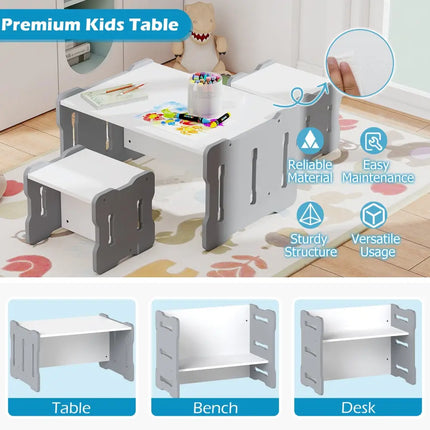 3-Piese Toddler Set with 2 Stools and Activity Table-Gray - Gray - Kids Table & Chair Sets