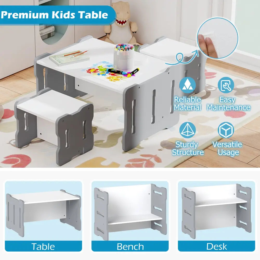 3-Piese Toddler Set with 2 Stools and Activity Table-Gray - Gray - Kids Table & Chair Sets