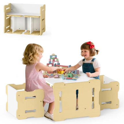 3-Piese Toddler Set with 2 Stools and Activity Table-Natural - Natural - Kids Table & Chair Sets