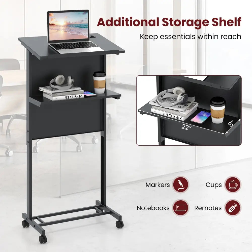 3-Position Height Adjustable Lectern Table with Tilted Tabletop-Black - Black - Laptop Tables & Printer Stands