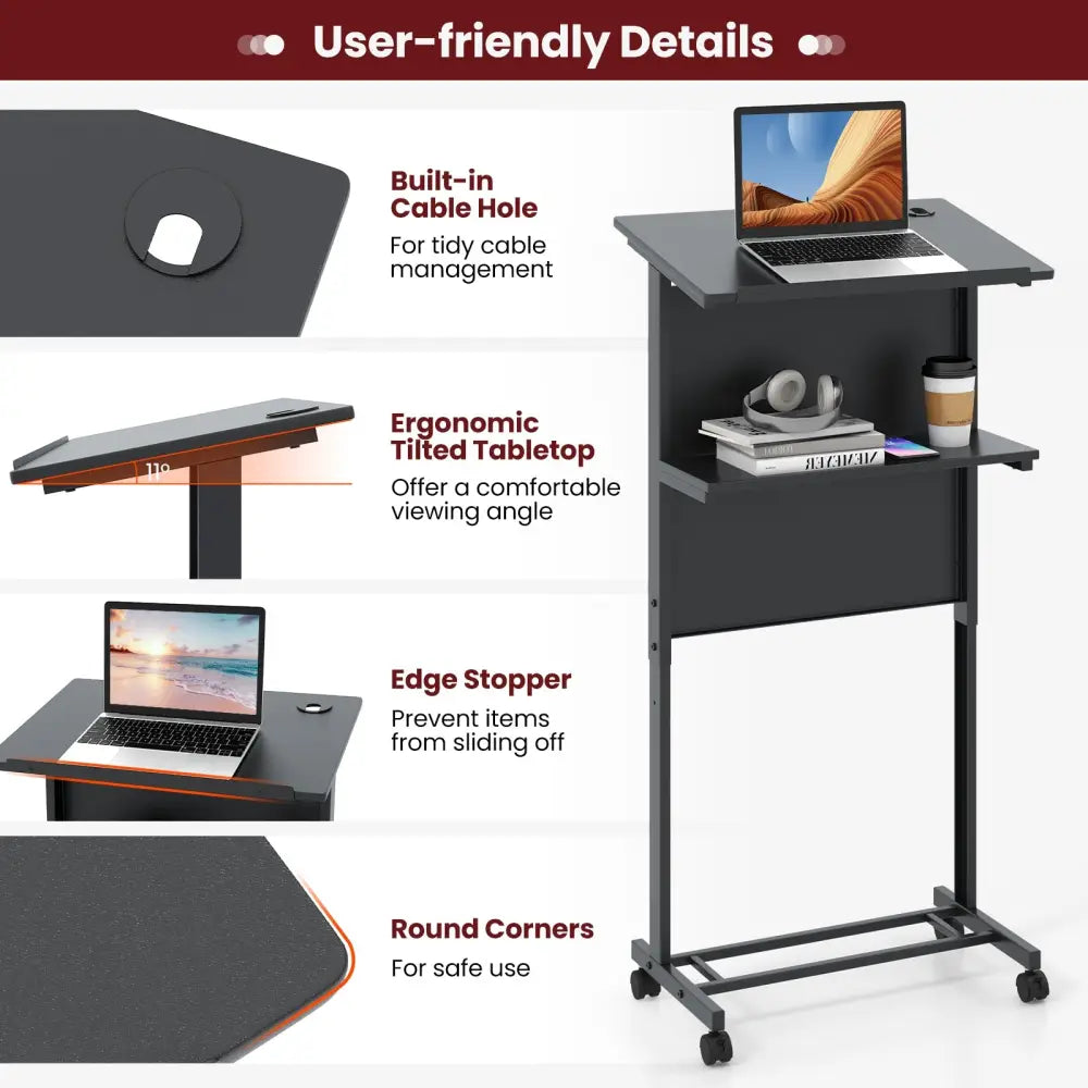 3-Position Height Adjustable Lectern Table with Tilted Tabletop-Black - Black - Laptop Tables & Printer Stands