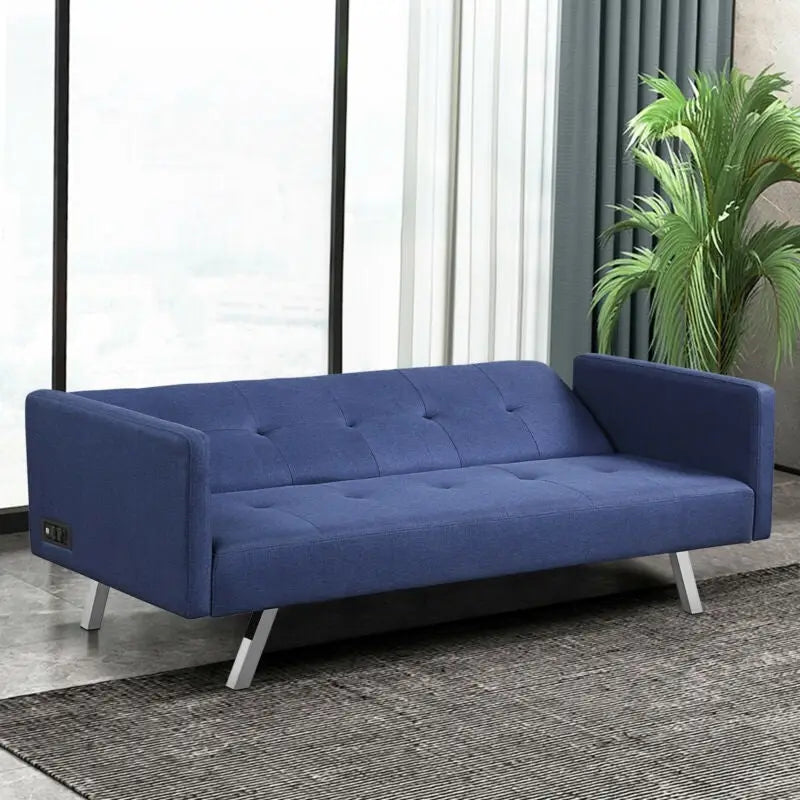 3 Seat Convertible Linen Fabric Futon Sofa with USB and Power Strip-Blue - Blue - Sofas & Loveseats