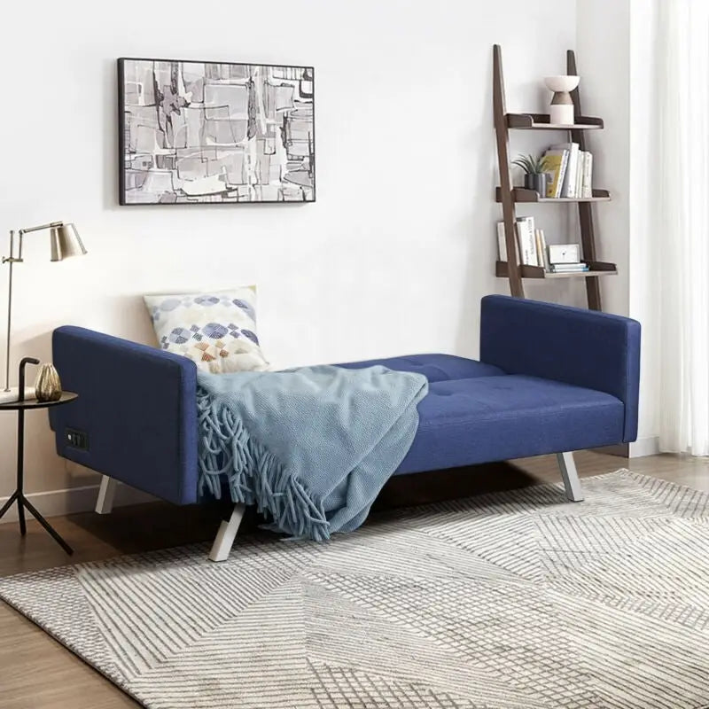 3 Seat Convertible Linen Fabric Futon Sofa with USB and Power Strip-Blue - Blue - Sofas & Loveseats
