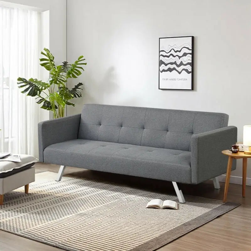 3 Seat Convertible Linen Fabric Futon Sofa with USB and Power Strip-Gray - Gray - Sofas & Loveseats