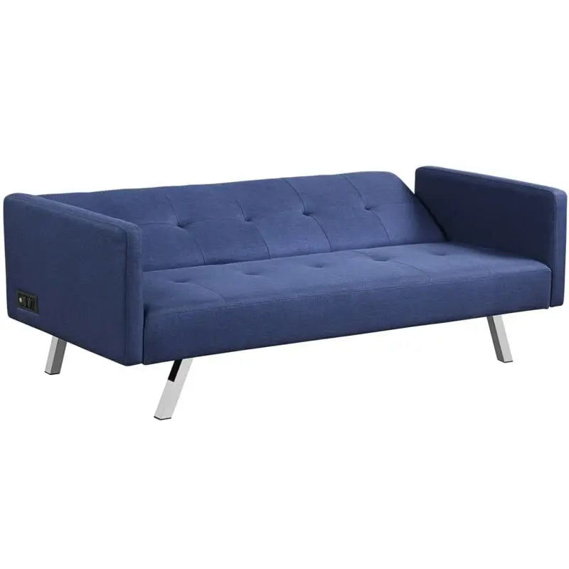 3 Seat Convertible Linen Fabric Futon Sofa with USB and Power Strip-Blue - Blue - Sofas & Loveseats