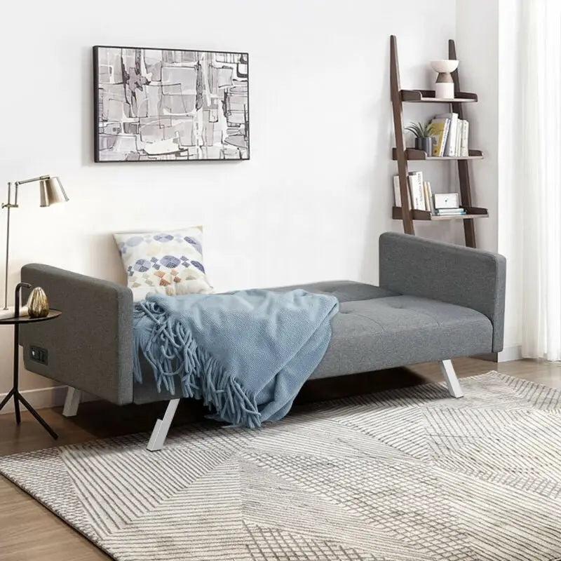 3 Seat Convertible Linen Fabric Futon Sofa with USB and Power Strip-Gray - Gray - Sofas & Loveseats