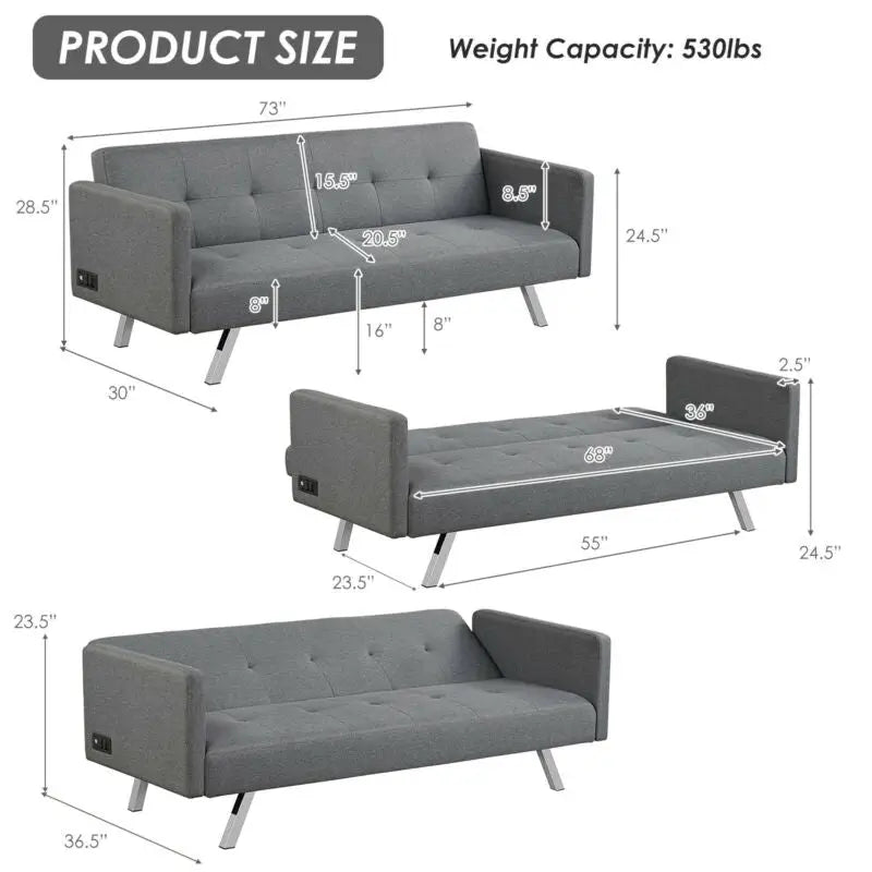 3 Seat Convertible Linen Fabric Futon Sofa with USB and Power Strip-Gray - Gray - Sofas & Loveseats
