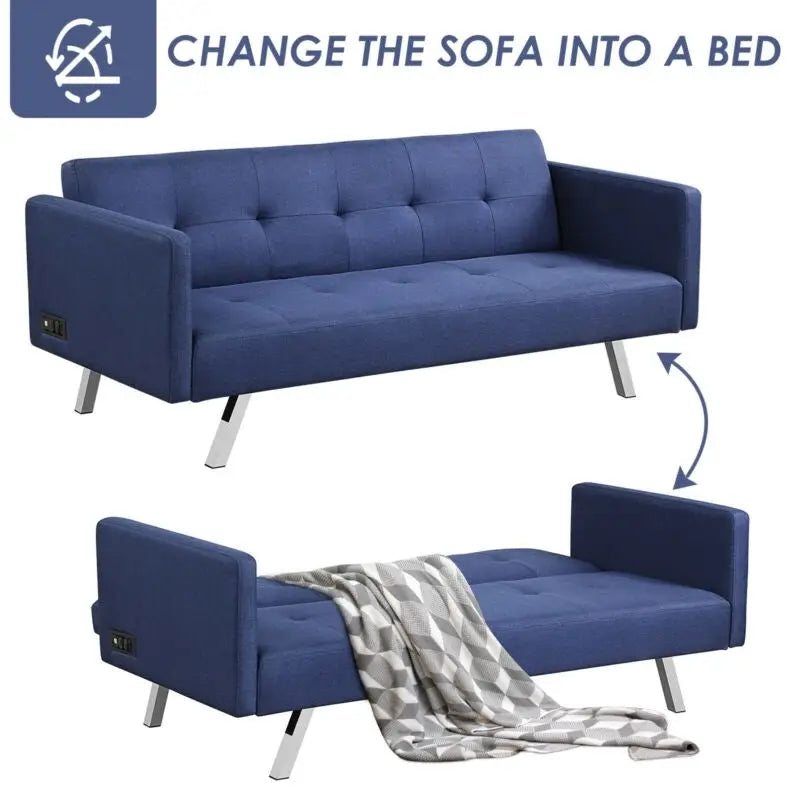3 Seat Convertible Linen Fabric Futon Sofa with USB and Power Strip-Blue - Blue - Sofas & Loveseats