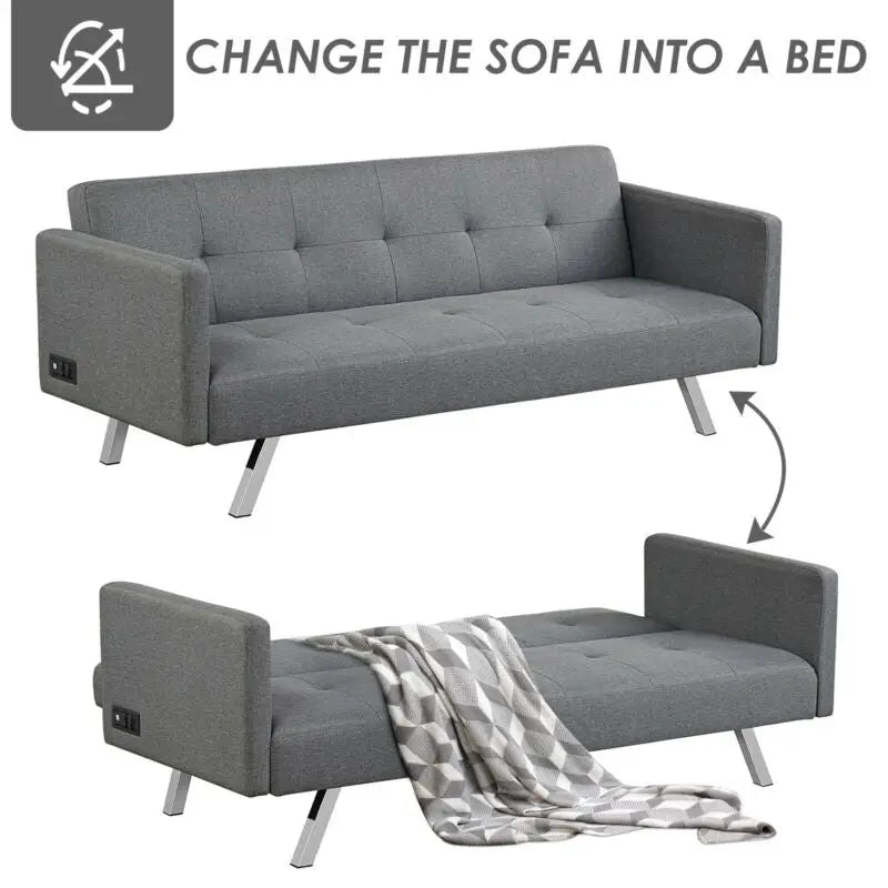 3 Seat Convertible Linen Fabric Futon Sofa with USB and Power Strip-Gray - Gray - Sofas & Loveseats