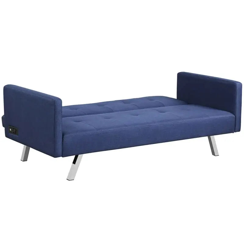 3 Seat Convertible Linen Fabric Futon Sofa with USB and Power Strip-Blue - Blue - Sofas & Loveseats