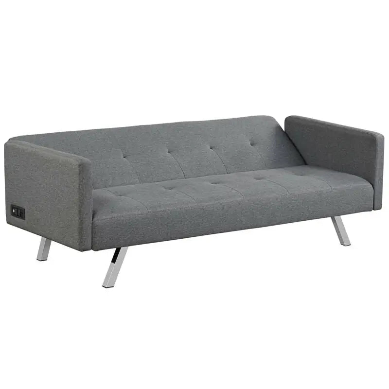 3 Seat Convertible Linen Fabric Futon Sofa with USB and Power Strip-Gray - Gray - Sofas & Loveseats