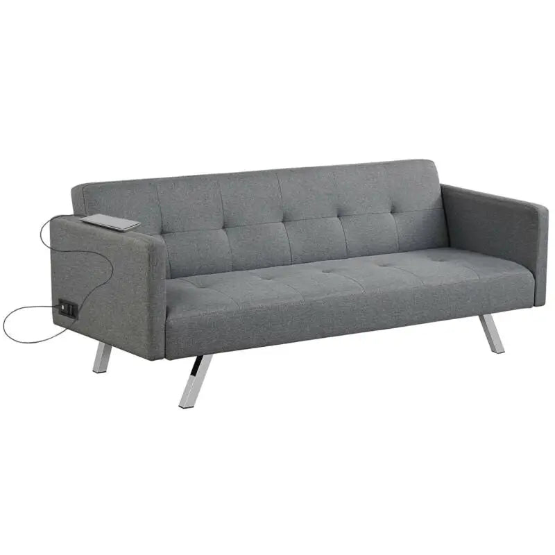 3 Seat Convertible Linen Fabric Futon Sofa with USB and Power Strip-Gray - Gray - Sofas & Loveseats