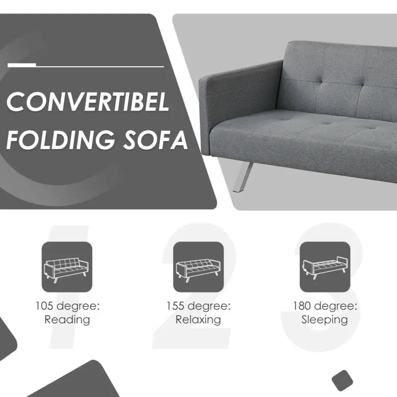 3 Seat Convertible Linen Fabric Futon Sofa with USB and Power Strip-Gray - Gray - Sofas & Loveseats