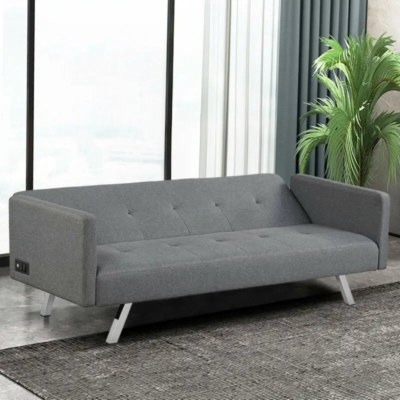 3 Seat Convertible Linen Fabric Futon Sofa with USB and Power Strip-Gray - Gray - Sofas & Loveseats