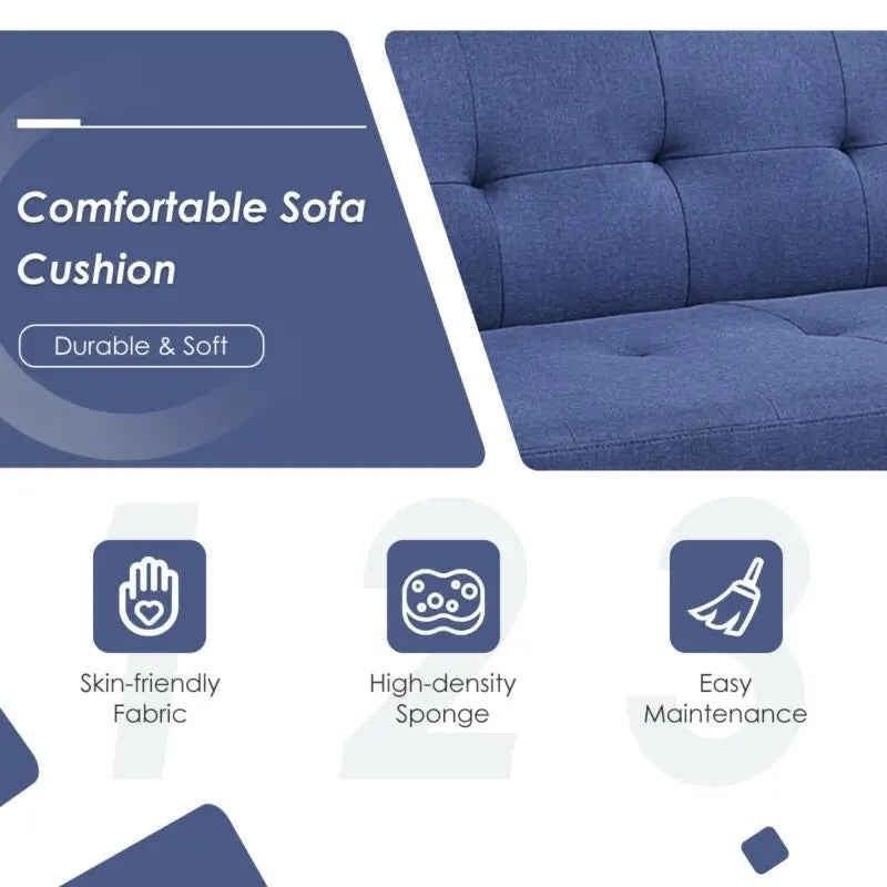3 Seat Convertible Linen Fabric Futon Sofa with USB and Power Strip-Blue - Blue - Sofas & Loveseats
