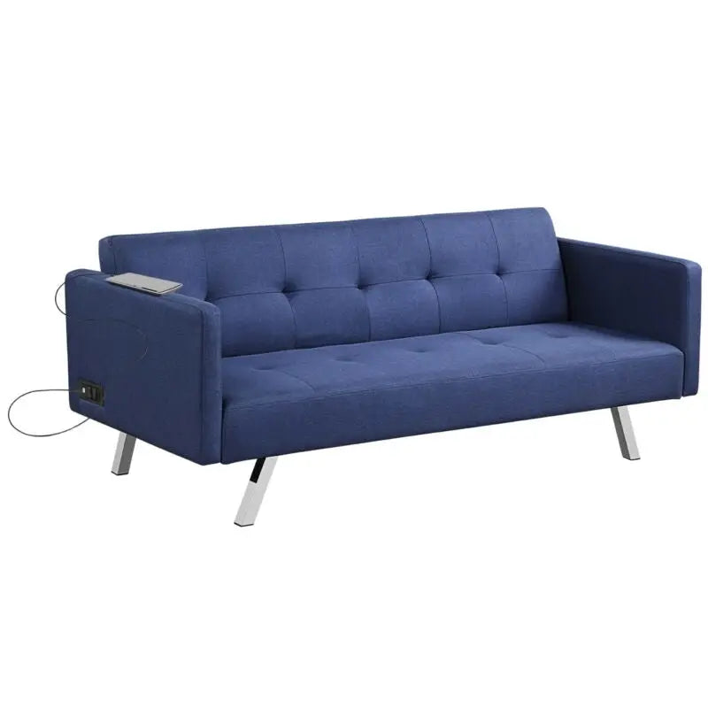 3 Seat Convertible Linen Fabric Futon Sofa with USB and Power Strip-Blue - Blue - Sofas & Loveseats