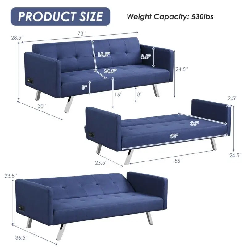 3 Seat Convertible Linen Fabric Futon Sofa with USB and Power Strip-Blue - Blue - Sofas & Loveseats