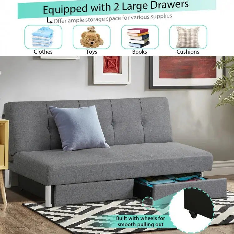 3-Seat Convertible Sofa Bed with 2 Large Drawers and 3 Adjustable Angles - Gray - Sofas & Loveseats