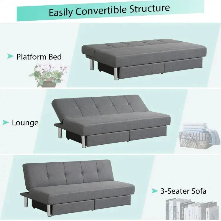3-Seat Convertible Sofa Bed with 2 Large Drawers and 3 Adjustable Angles - Gray - Sofas & Loveseats
