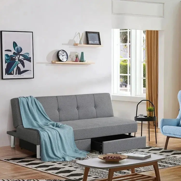 3-Seat Convertible Sofa Bed with 2 Large Drawers and 3 Adjustable Angles - Gray - Sofas & Loveseats