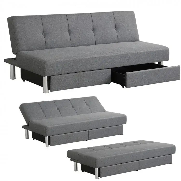 3-Seat Convertible Sofa Bed with 2 Large Drawers and 3 Adjustable Angles - Gray - Sofas & Loveseats