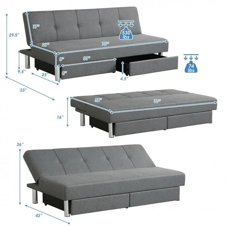 3-Seat Convertible Sofa Bed with 2 Large Drawers and 3 Adjustable Angles - Gray - Sofas & Loveseats