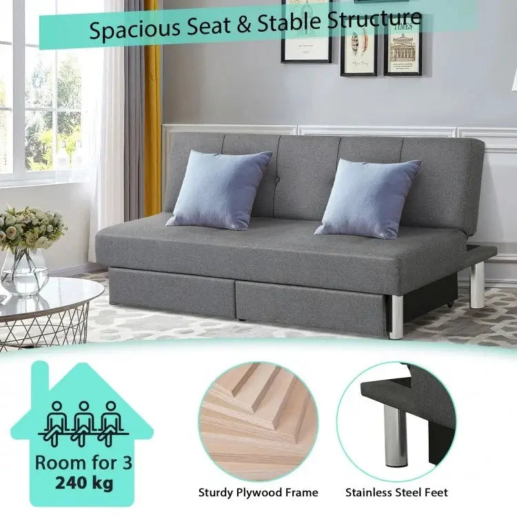 3-Seat Convertible Sofa Bed with 2 Large Drawers and 3 Adjustable Angles - Gray - Sofas & Loveseats