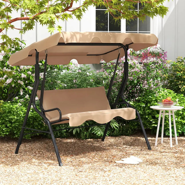 3 Seat Outdoor Patio Canopy Swing with Cushioned Steel Frame-Beige - Beige - Porch Swings