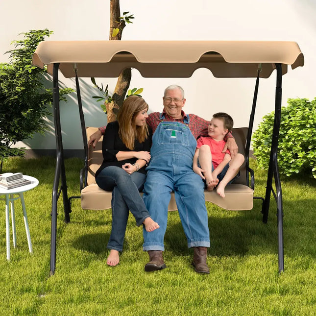 3 Seat Outdoor Patio Canopy Swing with Cushioned Steel Frame-Beige - Beige - Porch Swings