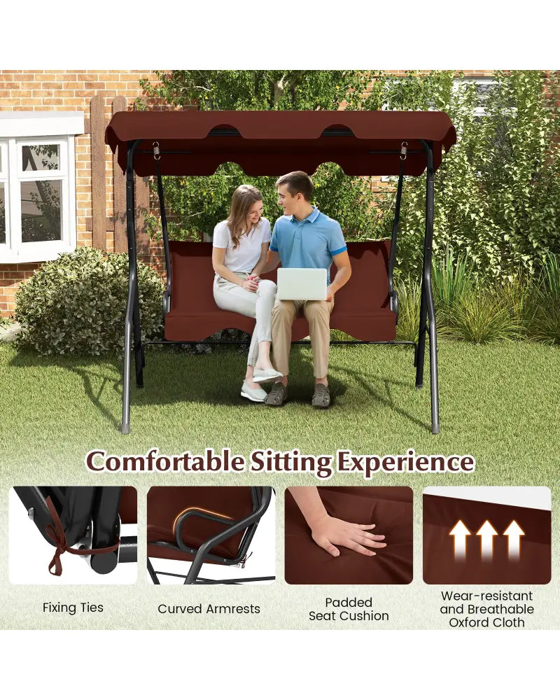 3 Seat Outdoor Patio Canopy Swing with Cushioned Steel Frame-Brown - Brown - Porch Swings