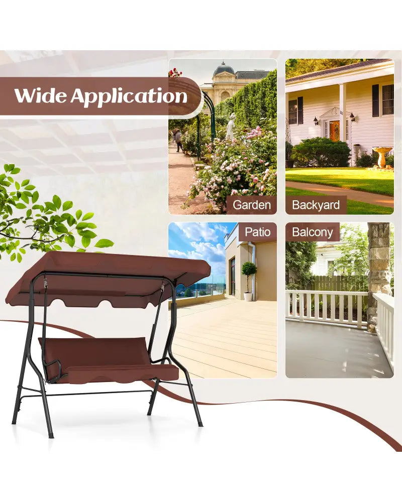 3 Seat Outdoor Patio Canopy Swing with Cushioned Steel Frame-Brown - Brown - Porch Swings