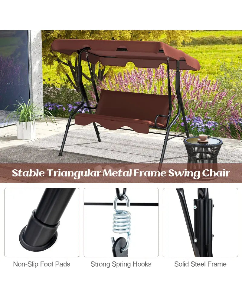 3 Seat Outdoor Patio Canopy Swing with Cushioned Steel Frame-Brown - Brown - Porch Swings