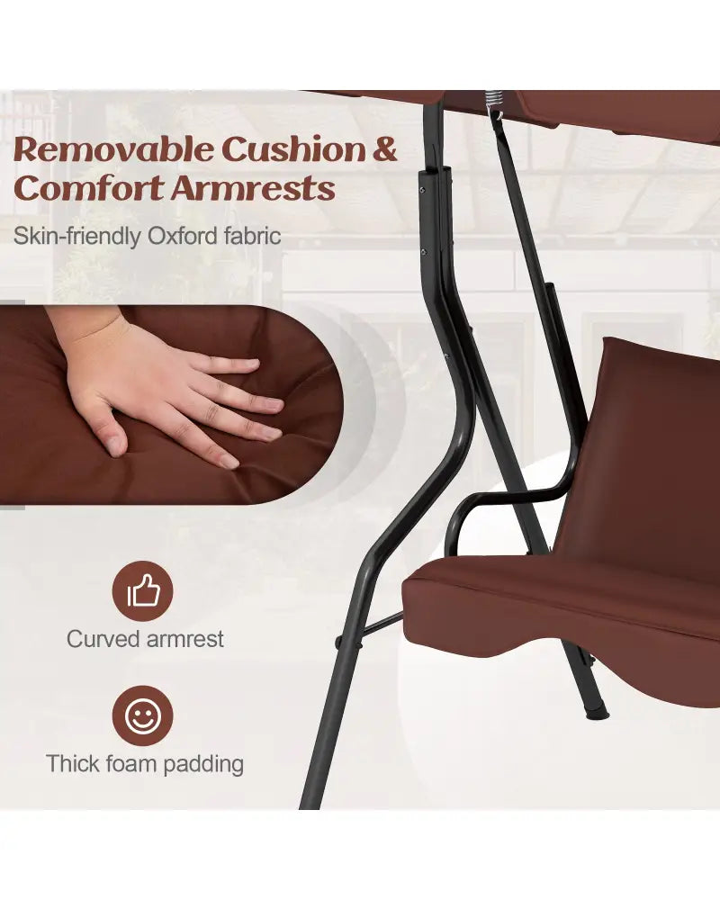 3 Seat Outdoor Patio Canopy Swing with Cushioned Steel Frame-Brown - Brown - Porch Swings