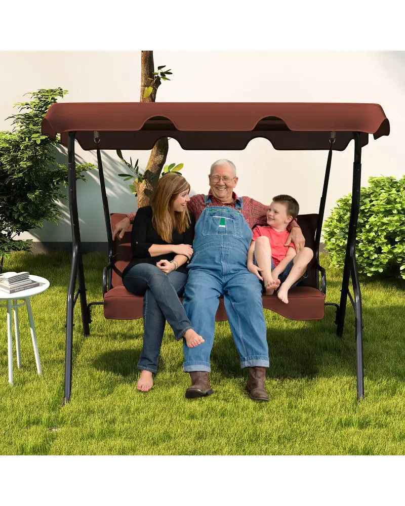 3 Seat Outdoor Patio Canopy Swing with Cushioned Steel Frame-Brown - Brown - Porch Swings
