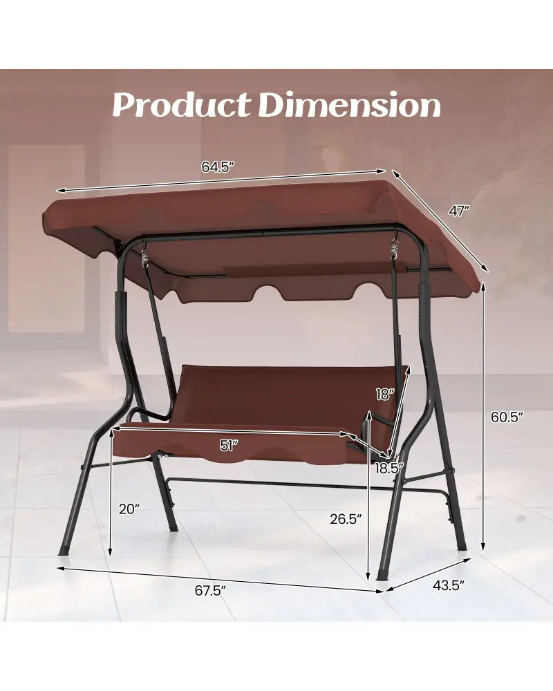 3 Seat Outdoor Patio Canopy Swing with Cushioned Steel Frame-Brown - Brown - Porch Swings
