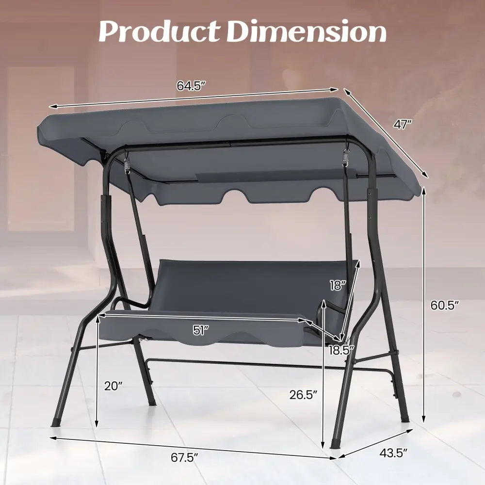 3-Seat Outdoor Patio Canopy Swing with Cushioned Steel Frame-Gray - Gray - Porch Swings