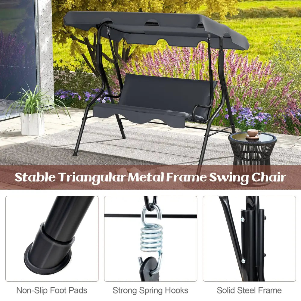 3-Seat Outdoor Patio Canopy Swing with Cushioned Steel Frame-Gray - Gray - Porch Swings