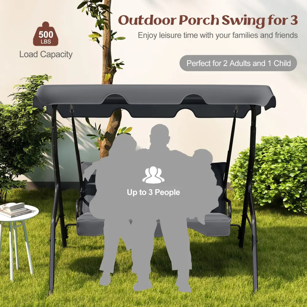 3-Seat Outdoor Patio Canopy Swing with Cushioned Steel Frame-Gray - Gray - Porch Swings