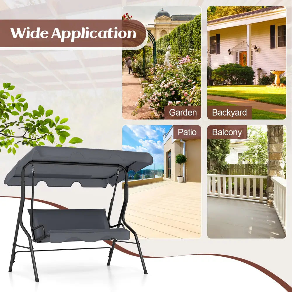 3-Seat Outdoor Patio Canopy Swing with Cushioned Steel Frame-Gray - Gray - Porch Swings