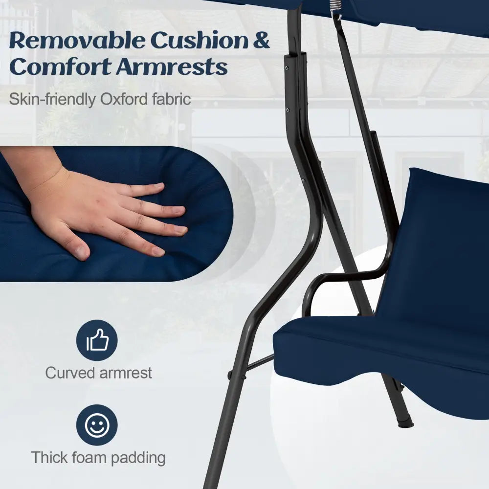 3-Seat Outdoor Patio Canopy Swing with Cushioned Steel Frame-Navy - Navy - Porch Swings