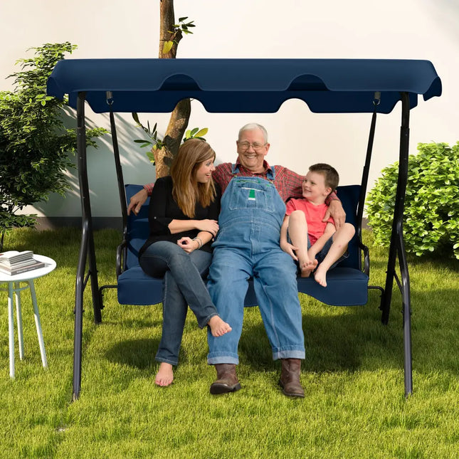 3-Seat Outdoor Patio Canopy Swing with Cushioned Steel Frame-Navy - Navy - Porch Swings