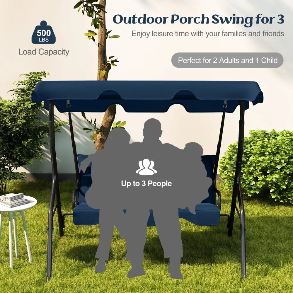 3-Seat Outdoor Patio Canopy Swing with Cushioned Steel Frame-Navy - Navy - Porch Swings