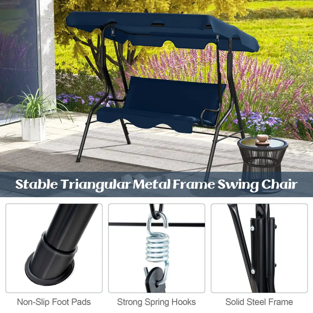 3-Seat Outdoor Patio Canopy Swing with Cushioned Steel Frame-Navy - Navy - Porch Swings